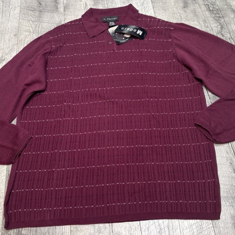 Vintage J Ferrar Sweater Mens Medium Maroon Ribbed Lightweight Collared Y2K NEW